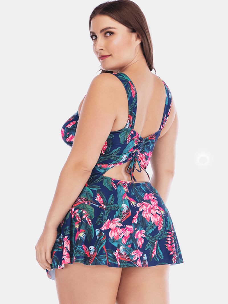 Plus Size Breda Remmar Dragsko Skydd Magen Blommig Badklänning