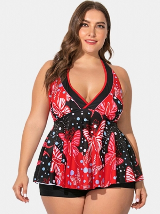 Plus Size Dam Baddräkt Halter String Blommönster V-neck Backless Swimdress