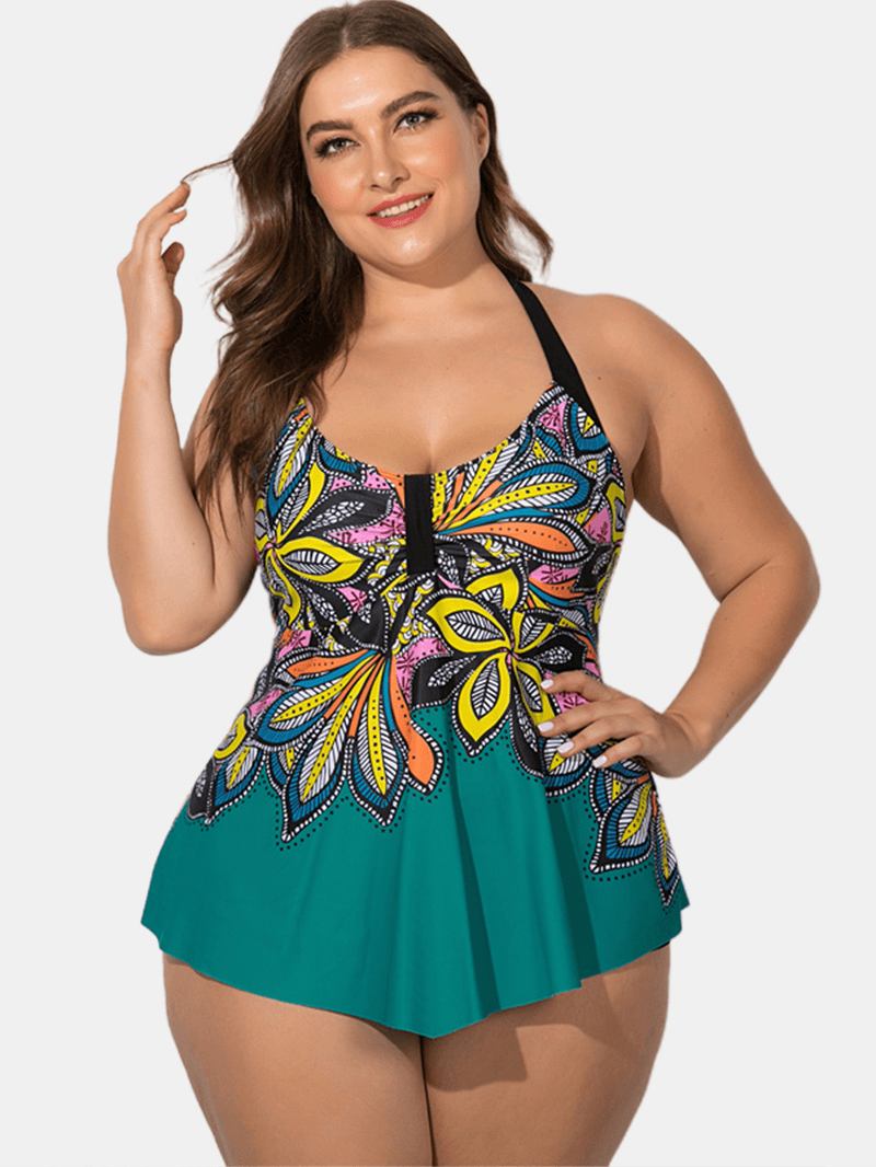 Plus Size Etnisk Grimma Tryckt Omslag Magen Swimdress Badkläder