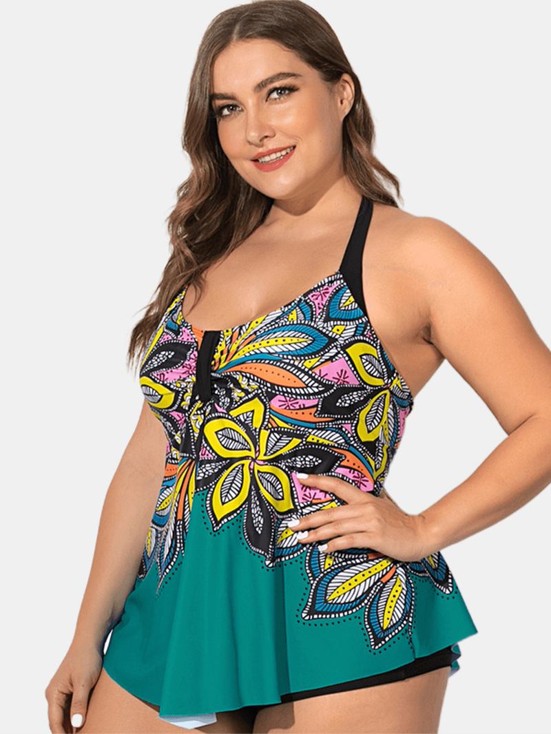 Plus Size Etnisk Grimma Tryckt Omslag Magen Swimdress Badkläder