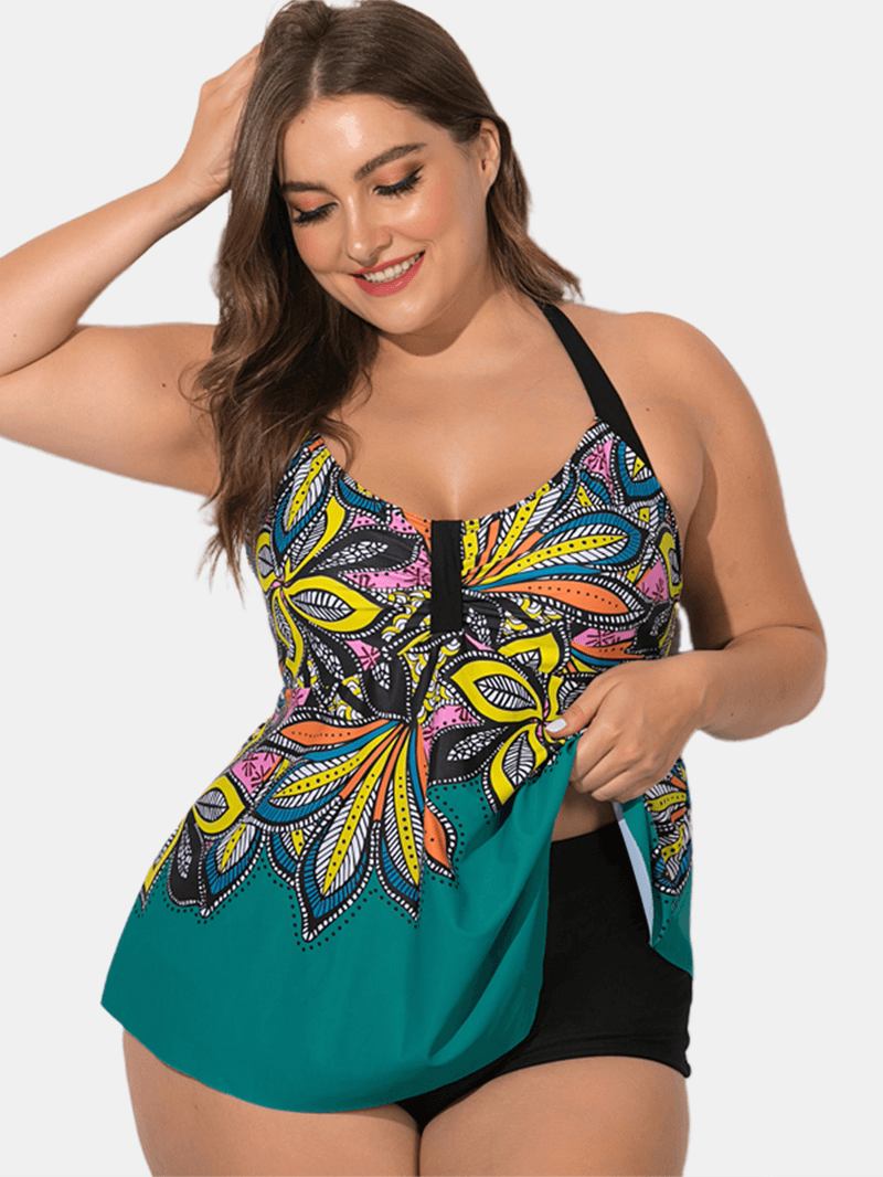 Plus Size Etnisk Grimma Tryckt Omslag Magen Swimdress Badkläder