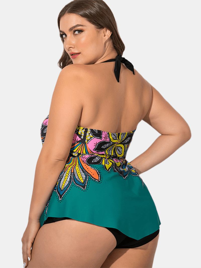 Plus Size Etnisk Grimma Tryckt Omslag Magen Swimdress Badkläder