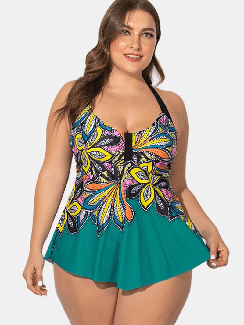 Plus Size Etnisk Grimma Tryckt Omslag Magen Swimdress Badkläder