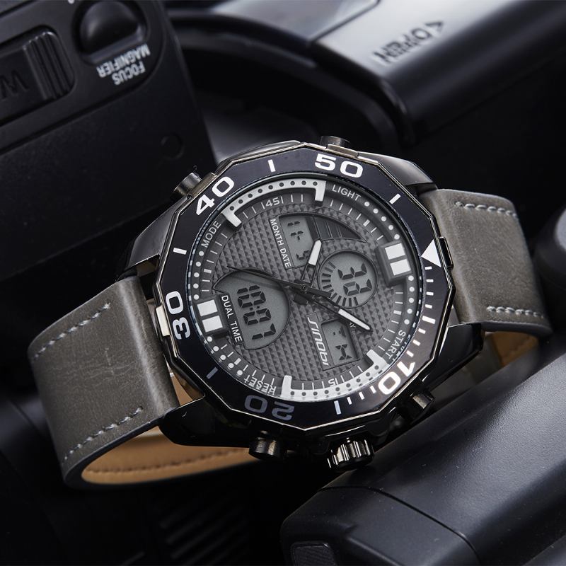 Dual Display Digital Watch Mode Läderrem Herr Luminous Display Sport Watch