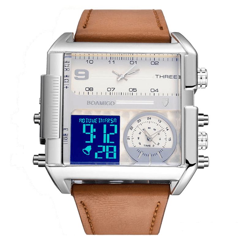 Mode Män Digital Watch Creative Dial Week Month Display Chronograph 3 Time Zone Läderrem Dual Display Watch