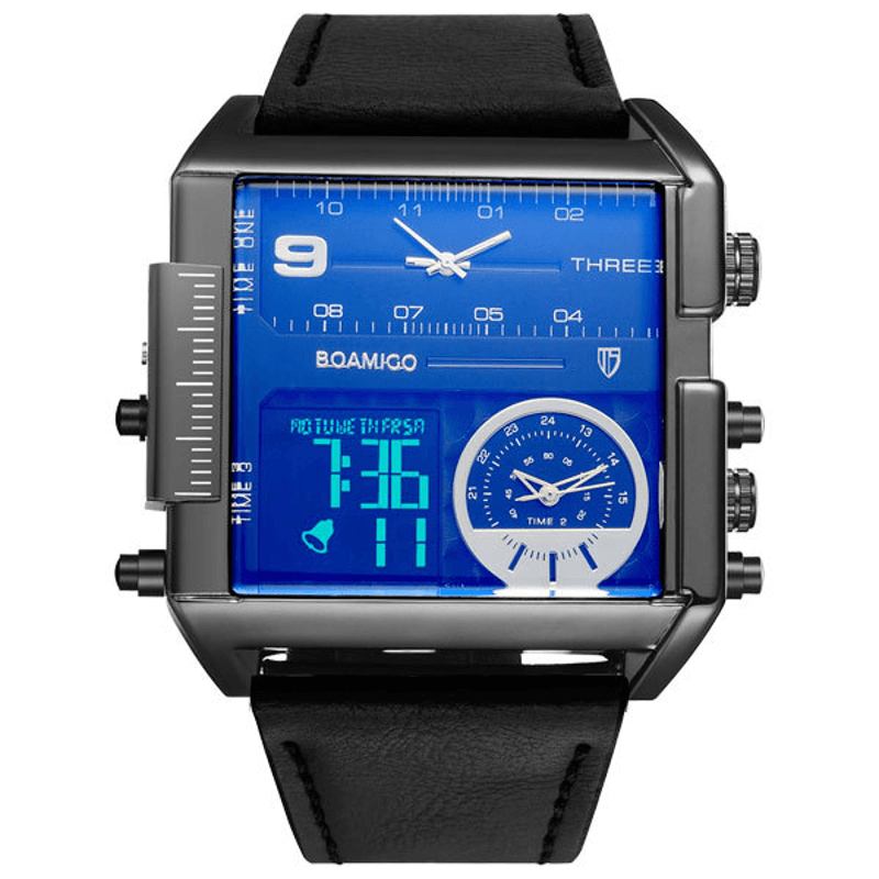 Mode Män Digital Watch Creative Dial Week Month Display Chronograph 3 Time Zone Läderrem Dual Display Watch