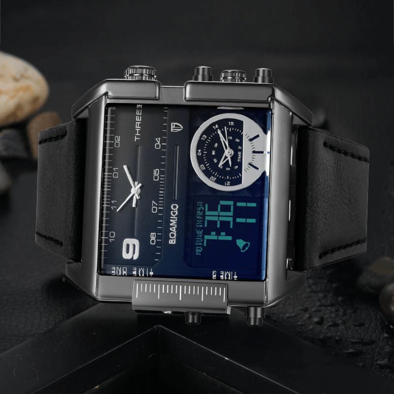 Mode Män Digital Watch Creative Dial Week Month Display Chronograph 3 Time Zone Läderrem Dual Display Watch