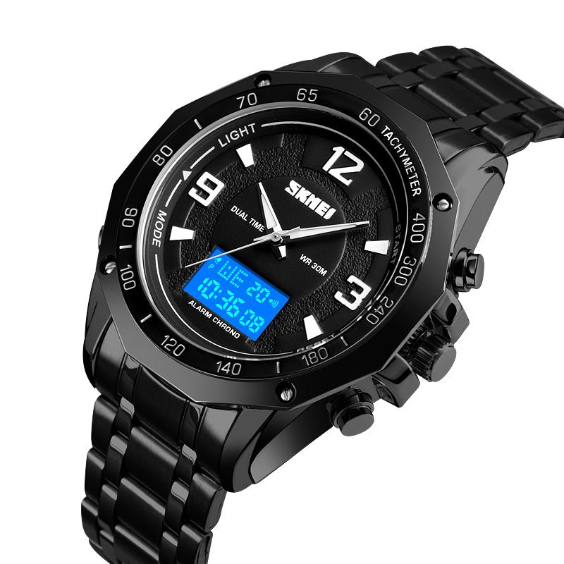 Multifunktionell Luminous El Light Calendar 3atm Business Herr Watch Dual Display Digital Watch