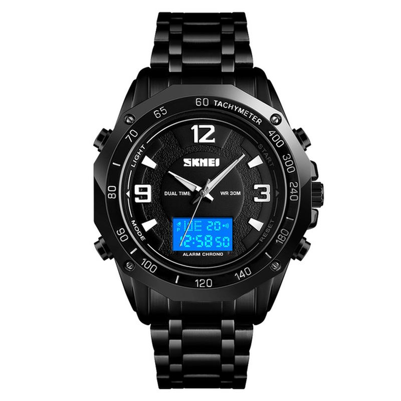 Multifunktionell Luminous El Light Calendar 3atm Business Herr Watch Dual Display Digital Watch