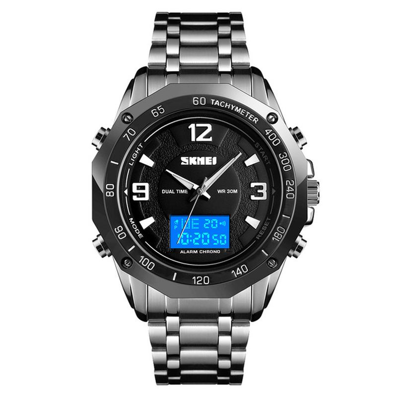 Multifunktionell Luminous El Light Calendar 3atm Business Herr Watch Dual Display Digital Watch