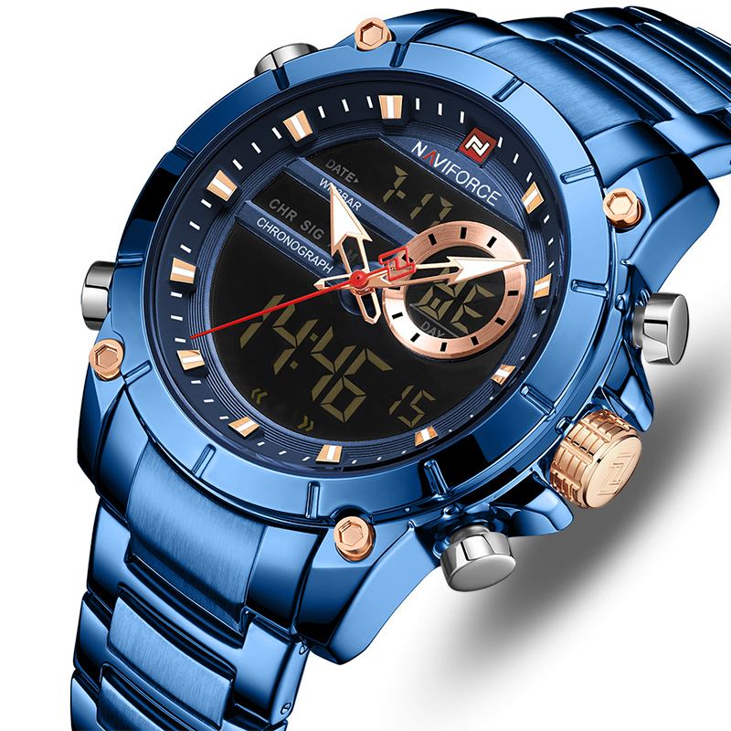 Vattentät Alarm Business Style Dual Display Watch Full Steel Quartz Watch