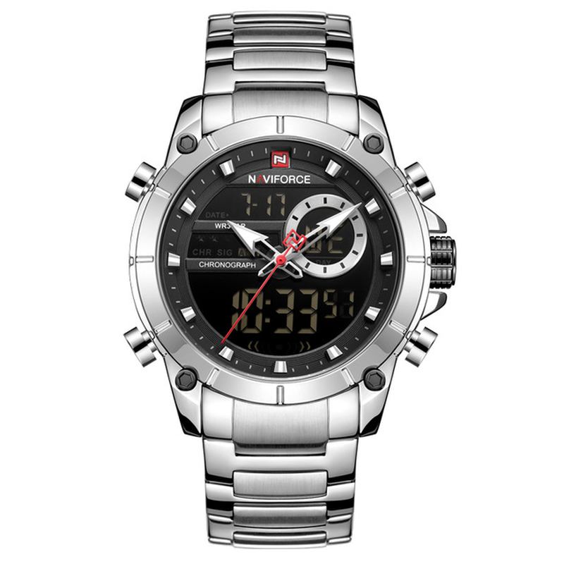 Vattentät Alarm Business Style Dual Display Watch Full Steel Quartz Watch