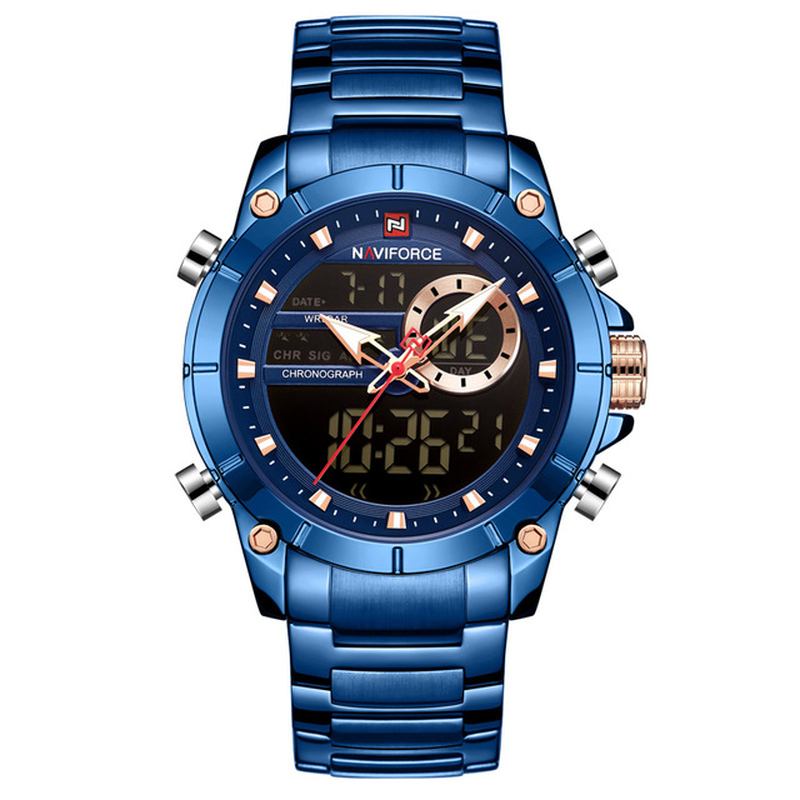 Vattentät Alarm Business Style Dual Display Watch Full Steel Quartz Watch