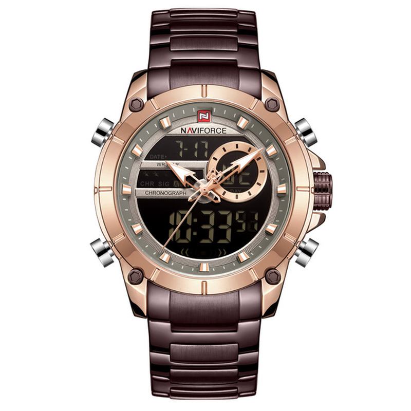 Vattentät Alarm Business Style Dual Display Watch Full Steel Quartz Watch