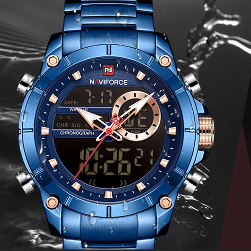 Vattentät Alarm Business Style Dual Display Watch Full Steel Quartz Watch