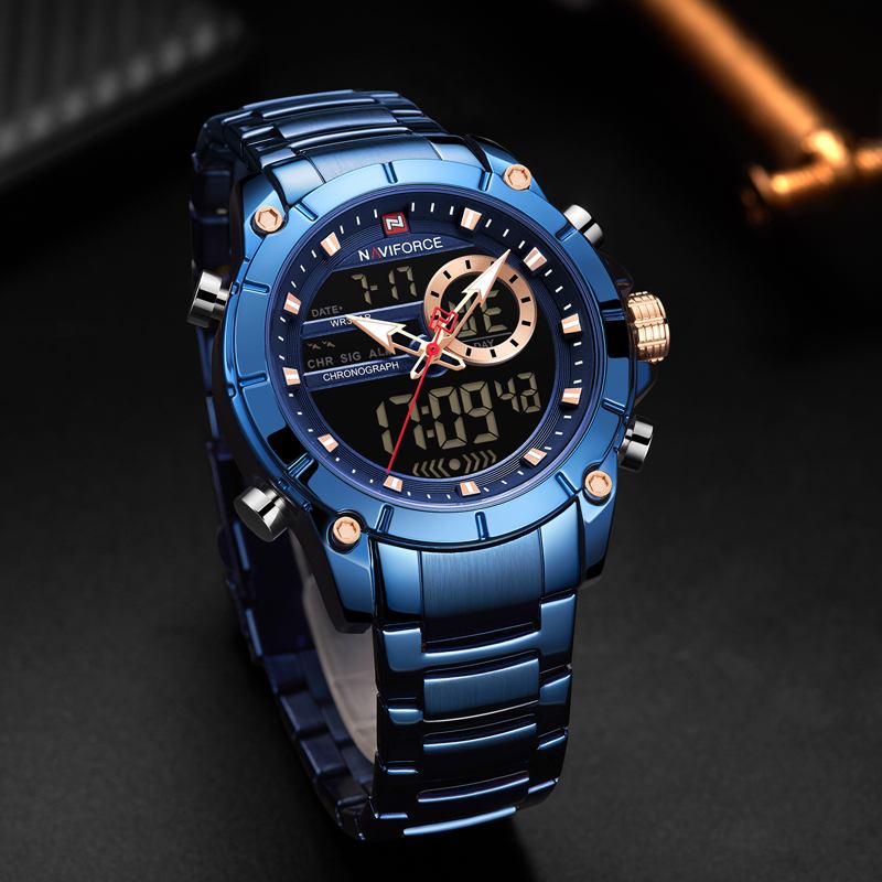 Vattentät Alarm Business Style Dual Display Watch Full Steel Quartz Watch