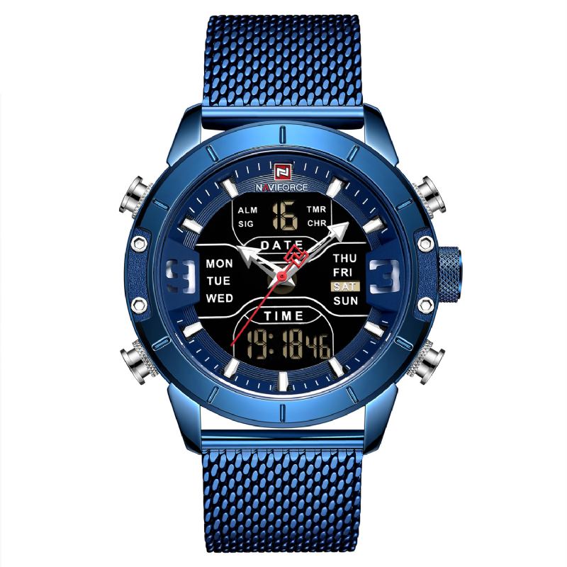 Vattentät Dual Display Watch Calendar Full Steel Business Herr Digital Watch