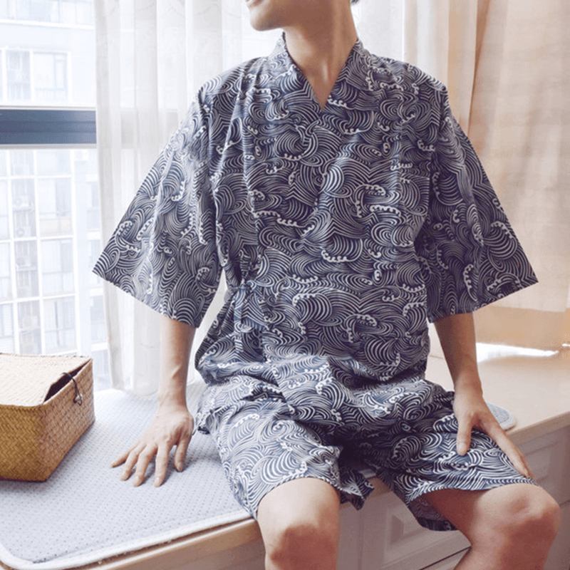 2 Stk Herr Kimono Yukata Pyjamas Japansk Stil Badrock Med Blommönster Sovkläder