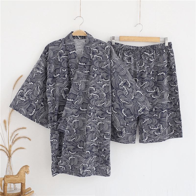 2 Stk Herr Kimono Yukata Pyjamas Japansk Stil Badrock Med Blommönster Sovkläder