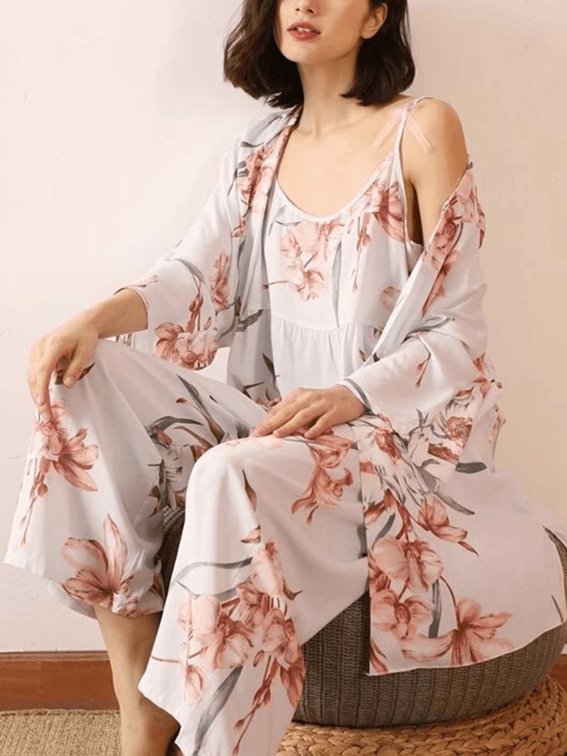 3st Kvinnor Blommönster Sling Wide Leg Byxor Öppna Front Robes Casual Hem Pyjamas Set