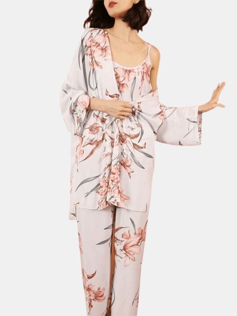 3st Kvinnor Blommönster Sling Wide Leg Byxor Öppna Front Robes Casual Hem Pyjamas Set