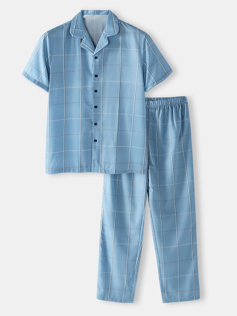 Bomull Herr Design Letter Pläd Revere Krage Hem Casual Pyjamas Set