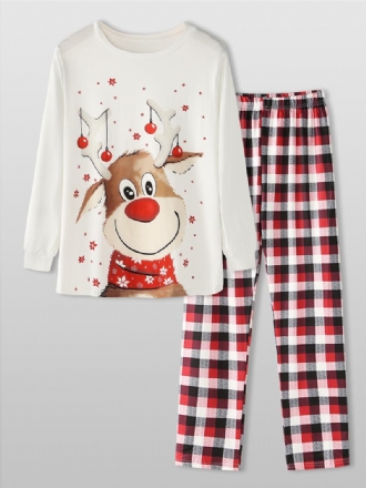 Christmas Style Kvinnor Söt Älg Med Tryck Pullover Pläd Elastisk Lös Midja Byxor Hem Pyjamas Set