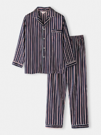 Classic Stripe Revere Krage Långärmad Resår I Midjan Ice Silk Home Casual Pyjamasset