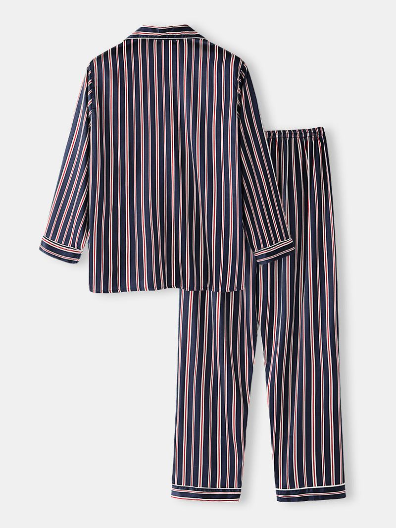 Classic Stripe Revere Krage Långärmad Resår I Midjan Ice Silk Home Casual Pyjamasset