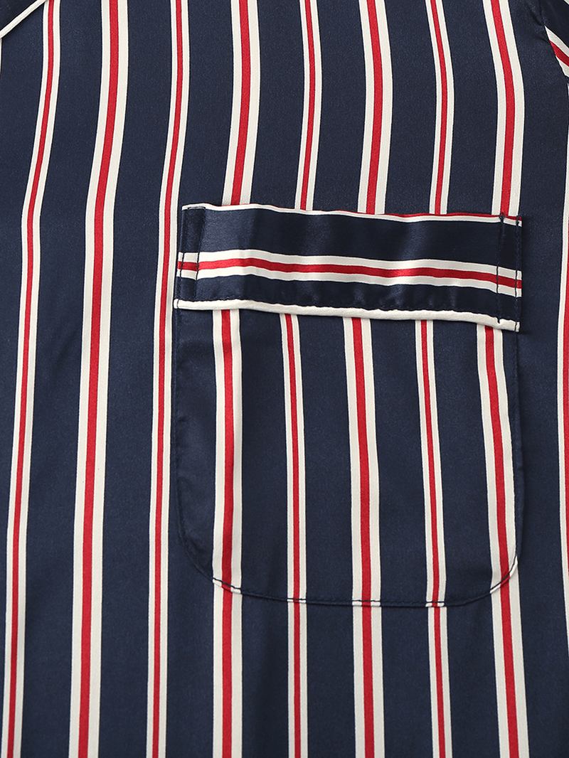 Classic Stripe Revere Krage Långärmad Resår I Midjan Ice Silk Home Casual Pyjamasset