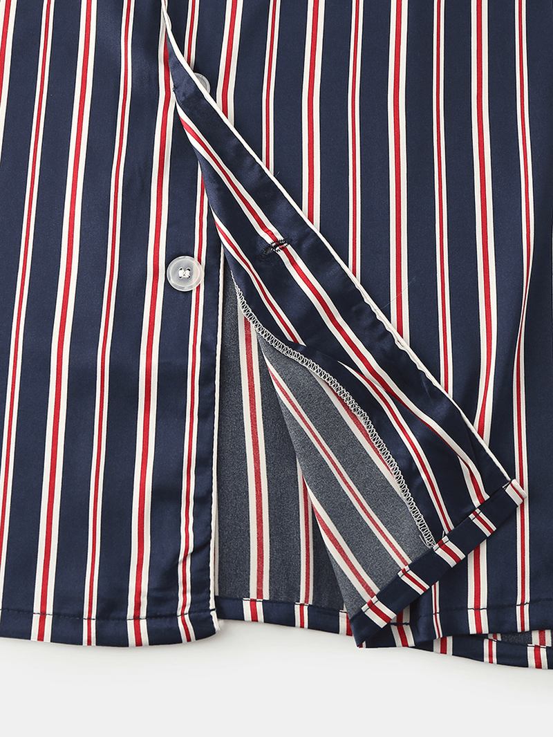 Classic Stripe Revere Krage Långärmad Resår I Midjan Ice Silk Home Casual Pyjamasset