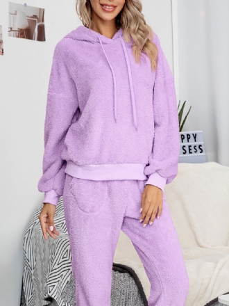 Dam Fleece Tjock Enfärgad Pullover Hoodie Jogger Byxor Hem Casual Pyjamas Set