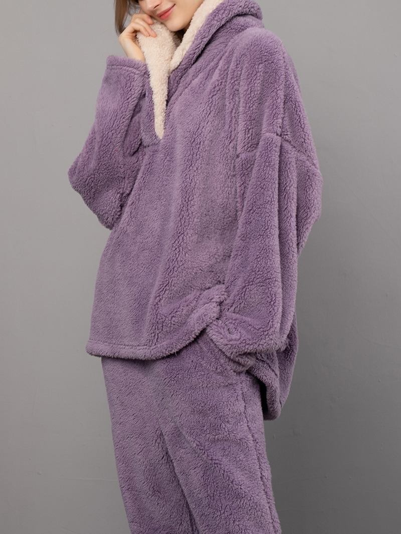 Dam Fluffy Plysch Tjocka Lapel Hög Låg Fåll Loungewear Varm Pyjamas Set