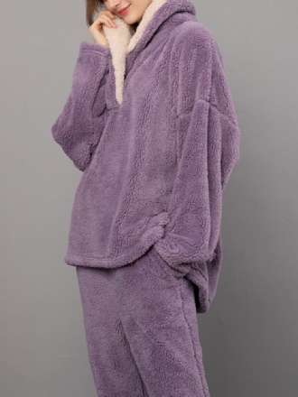 Dam Fluffy Plysch Tjocka Lapel Hög Låg Fåll Loungewear Varm Pyjamas Set