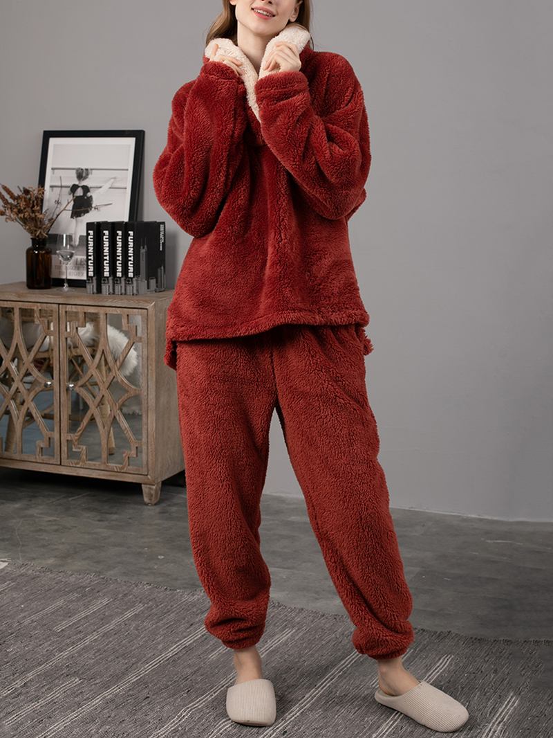 Dam Fluffy Plysch Tjocka Lapel Hög Låg Fåll Loungewear Varm Pyjamas Set