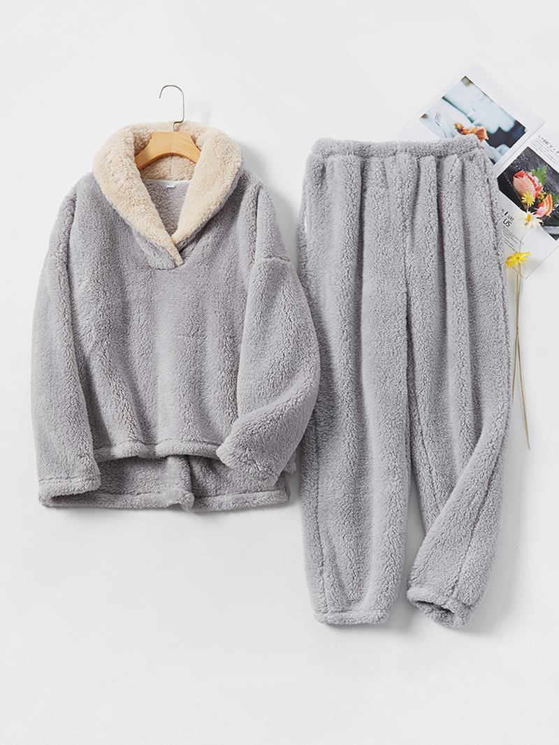 Dam Fluffy Plysch Tjocka Lapel Hög Låg Fåll Loungewear Varm Pyjamas Set