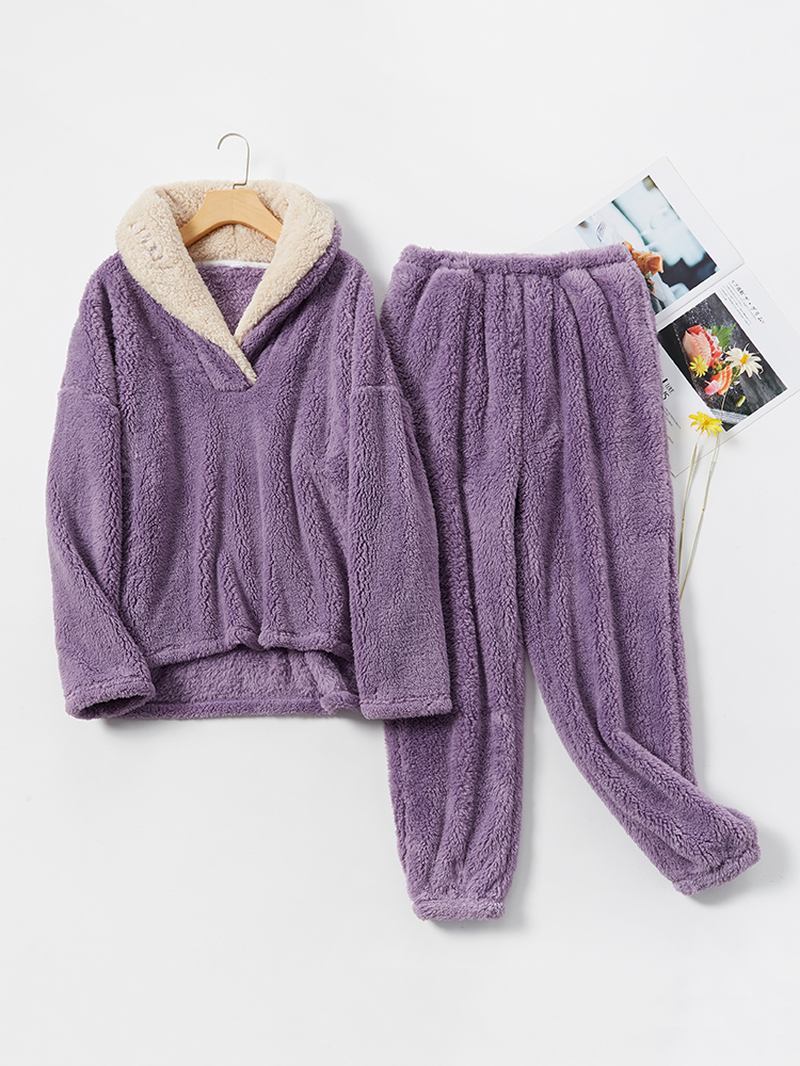 Dam Fluffy Plysch Tjocka Lapel Hög Låg Fåll Loungewear Varm Pyjamas Set