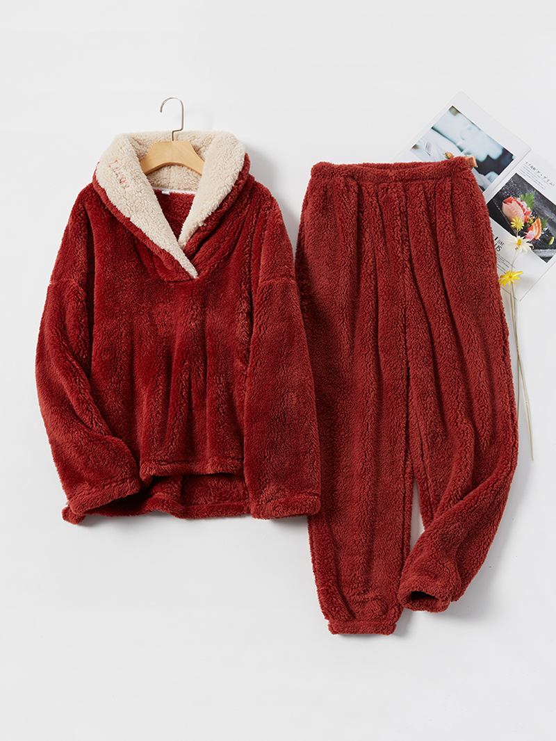 Dam Fluffy Plysch Tjocka Lapel Hög Låg Fåll Loungewear Varm Pyjamas Set