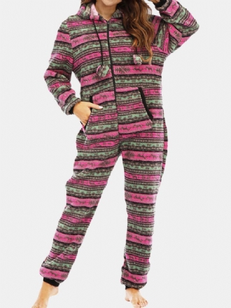 Dam Jul Fleece Randig Hem Dragsko Långärmad One Set Hooded Pyjamas