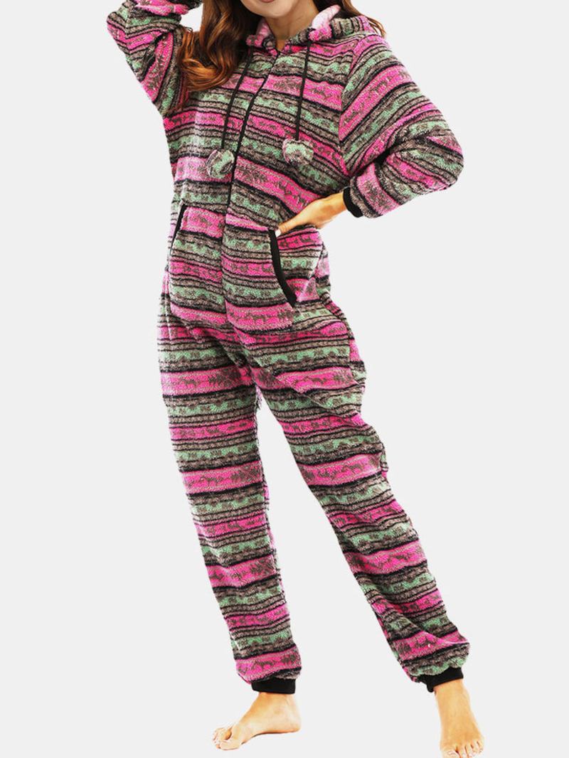 Dam Jul Fleece Randig Hem Dragsko Långärmad One Set Hooded Pyjamas