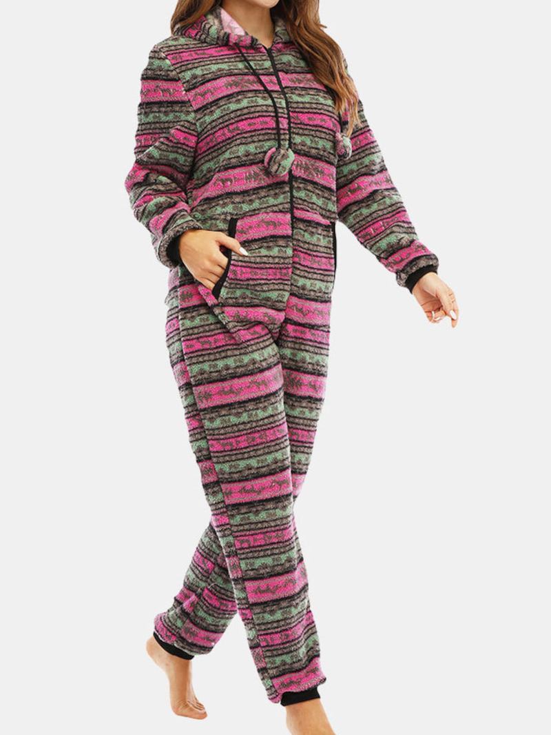 Dam Jul Fleece Randig Hem Dragsko Långärmad One Set Hooded Pyjamas