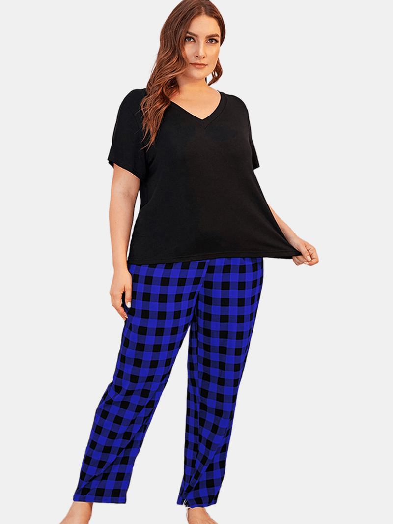 Dam Plus Size Loungewear Kortärmade Toppar Med Randiga Byxor Casual Pyjamas Set