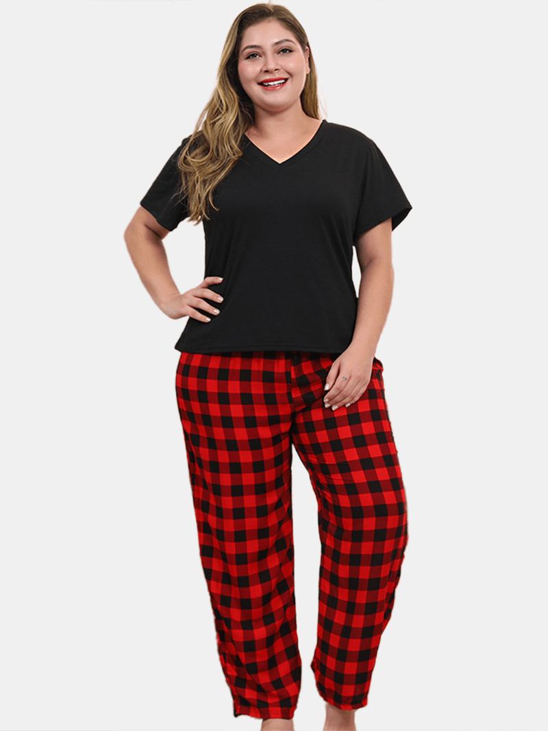 Dam Plus Size Loungewear Kortärmade Toppar Med Randiga Byxor Casual Pyjamas Set