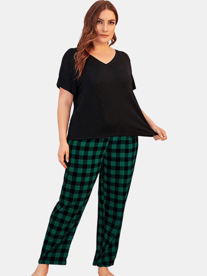 Dam Plus Size Loungewear Kortärmade Toppar Med Randiga Byxor Casual Pyjamas Set