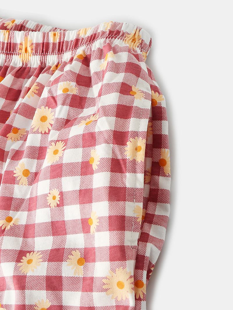 Dam Rutigt Blommönster Revere Krage Skjorta Elastisk Midja Lös Ficka Byxor Pyjamas Set