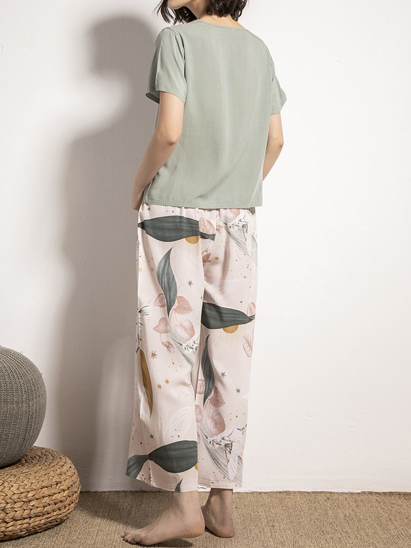 Dam V-ringad Toppar Tropical Plant Med Tryck Wide Leg Byxor Casual Pyjamas Set