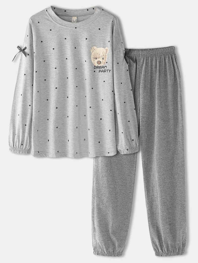 Damdocka Björnmönster Polka Dot Med Tryck Långärmade Sweatshirts Elastiska Midjebyxor Hem Pyjamasset