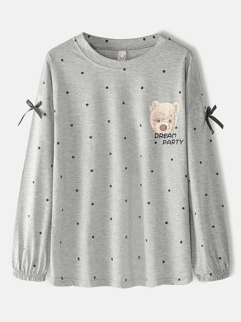 Damdocka Björnmönster Polka Dot Med Tryck Långärmade Sweatshirts Elastiska Midjebyxor Hem Pyjamasset