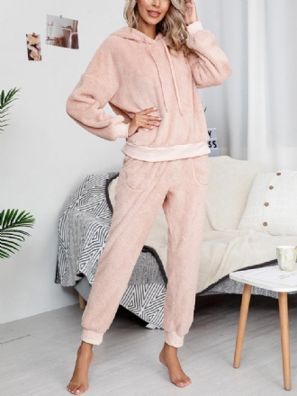 Damer Mjuk Enfärgad Hoodie Ficka Elastisk Midja Jogger Byxor Hem Plysch Pyjamas Set