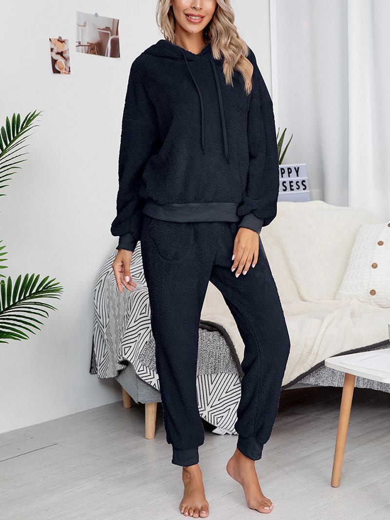 Damer Mjuk Enfärgad Hoodie Ficka Elastisk Midja Jogger Byxor Hem Plysch Pyjamas Set